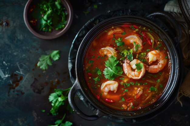 Photo soupe d'igname avec des crevettes dans un bol noir sur un fond sombre élégant nourriture asiatique