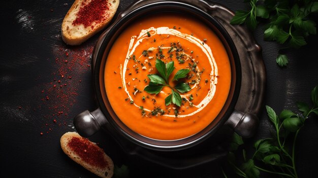 soupe italienne avec tomates, feuilles de basilic, fromage et herbes