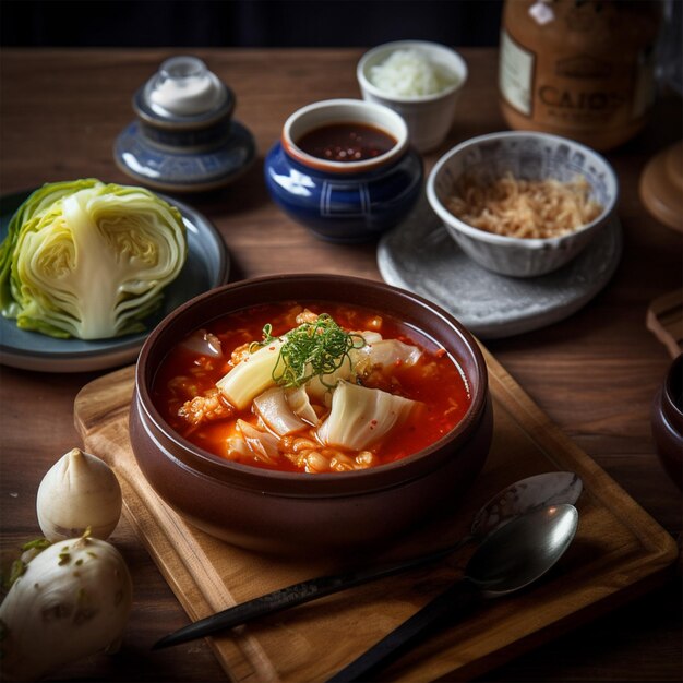 Soupe de kimchi délicieuse nourriture arrière-plan en bois