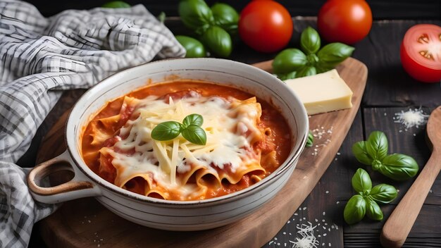 Soupe de lasagne italienne faite maison avec du bœuf haché, des pâtes de tomates, du basilic, de l'ail et du fromage