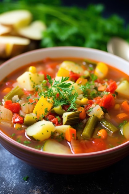 Photo une soupe de légumes abondante et saine avec des morceaux de légumes colorés et des brindilles d'herbes fraîches sur le dessus