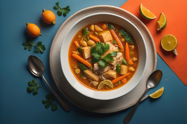 Soupe de légumes dans un bol sur fond de bois