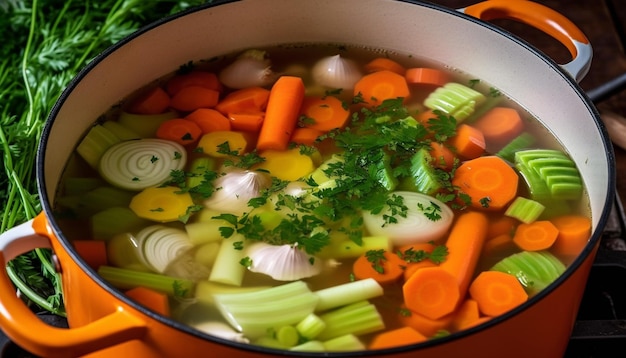 Soupe de légumes frais avec des ingrédients biologiques servie dans un bol vert généré par l'intelligence artificielle