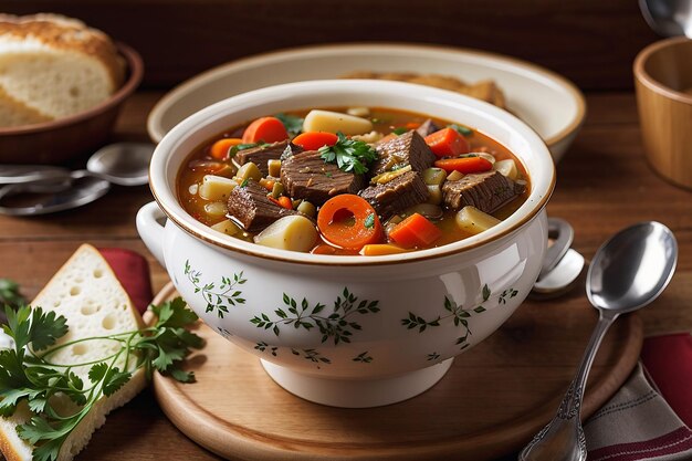 soupe de légumes frais avec ragoût de bœuf braisé