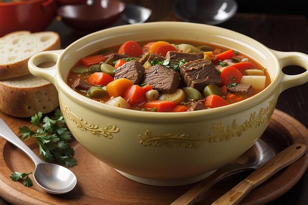 soupe de légumes frais avec ragoût de bœuf braisé