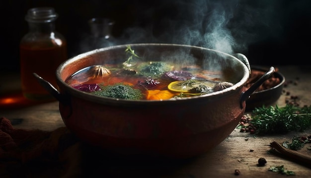 Soupe de légumes maison saine servie dans un bol rustique généré par l'IA