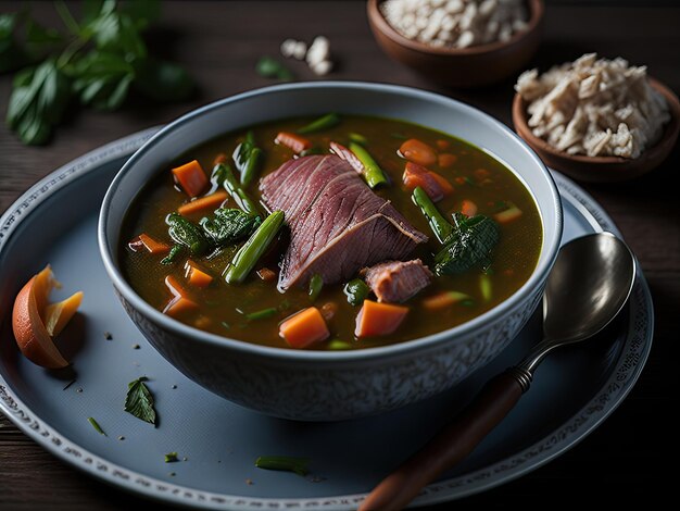 Soupe de légumes saine cuite avec de la viande fraîche par Generative AI