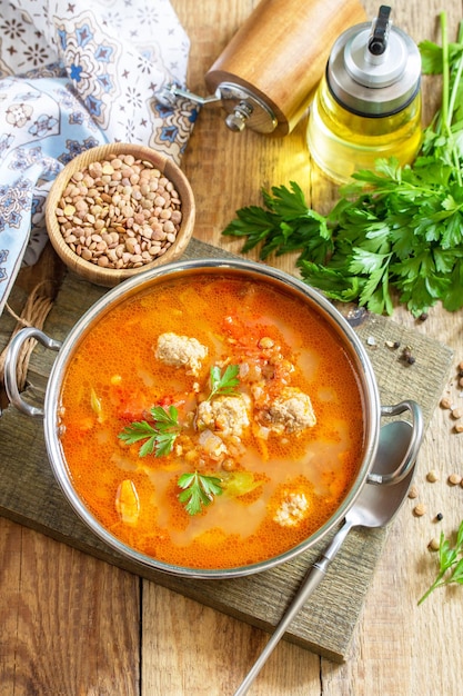 Soupe de lentilles aux tomates avec boulettes de viande et légumes sur une table en bois