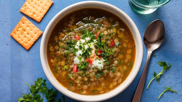 Soupe de lentilles avec des herbes hachées et des biscuits