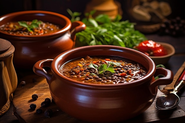 Photo soupe de lentilles servie dans des bols de bois rustiques avec une brindille de romarin frais