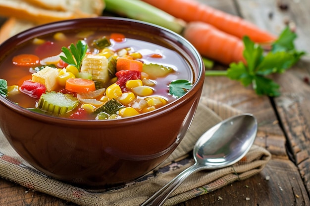 Soupe de maïs et de légumes de jardin à l'eau à la bouche