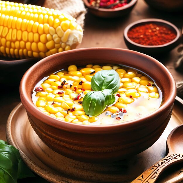 Soupe de maïs maison aux épices et basilic dans un bol sur la table