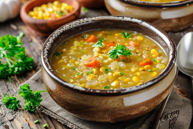 Une soupe de maïs végétalienne dans un cadre confortable