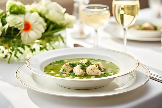 Soupe de mariage italienne pour le déjeuner à la maison sur la table en bois et l'arrière-plan de la salle à manger confortable