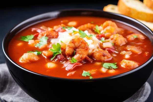 Photo soupe méditerranéenne maison aux tomates et aux crevettes