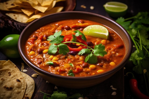 Soupe mexicaine épicée végétalienne avec haricots, maïs doux et garnitures