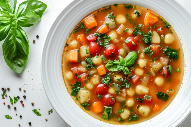 Soupe de minestrone en gros plan Vue supérieure Arrière-plan blanc