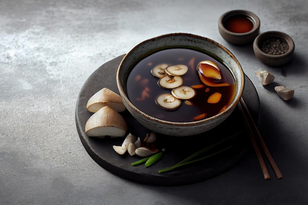 Soupe miso aux champignons shiitake sur béton gris Generative Ai