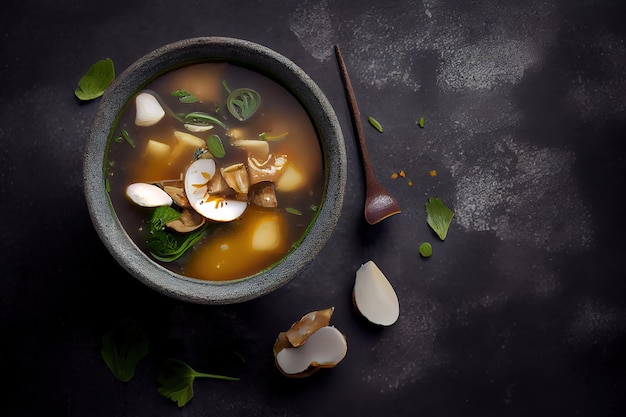 Soupe miso aux champignons shiitake sur béton gris Generative Ai