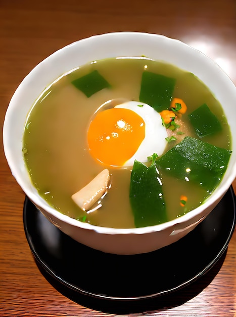 Une soupe miso réaliste avec un éclairage chaleureux et une atmosphère chaleureuse, des couleurs neutres créent une expérience réconfortante très détaillée dans un restaurant vide Généré par l'IA générative