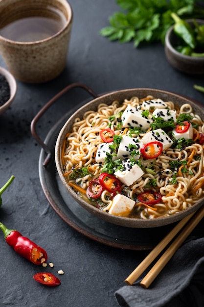 Soupe de nouilles asiatiques, ramen au tofu et légumes dans un bol en céramique sur fond sombre, sélective