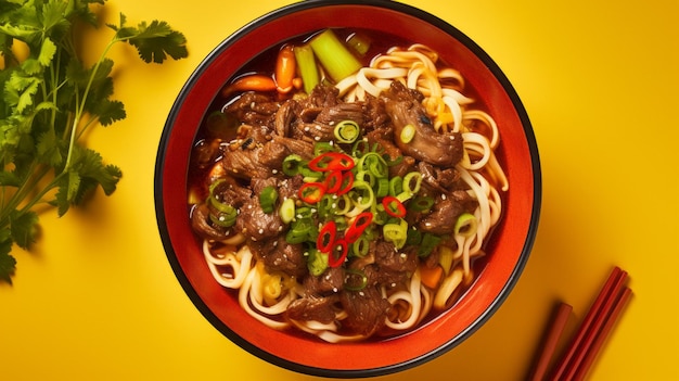 Soupe de nouilles au boeuf Szechuan élégant sur fond jaune vif