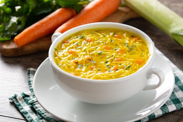 Soupe de nouilles au poulet dans un bol blanc sur une table en bois