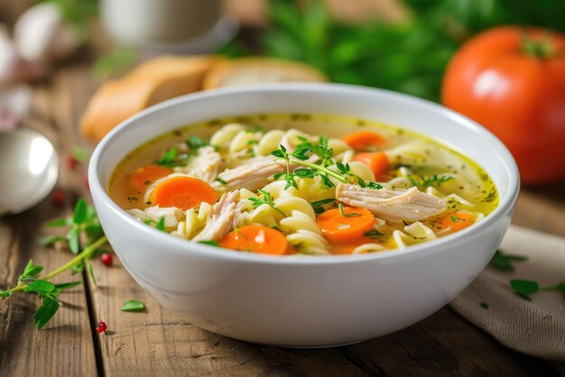 Soupe de nouilles au poulet maison avec légumes et épices dans un bol concept alimentaire sain