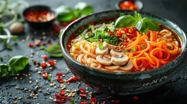 Photo soupe de nouilles aux champignons et aux carottes