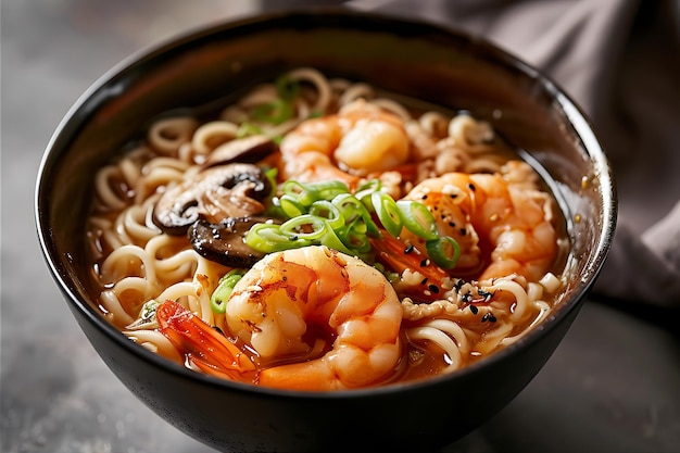 Soupe de nouilles avec des champignons de crevettes et des légumes dans un bol