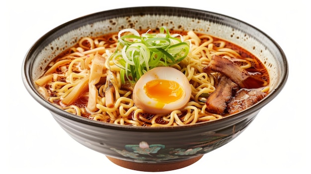 La soupe de nouilles ramen asiatiques avec du porc d'œuf et des pousses de bambou dans le bol est isolée sur un fond blanc cuisine japonaise