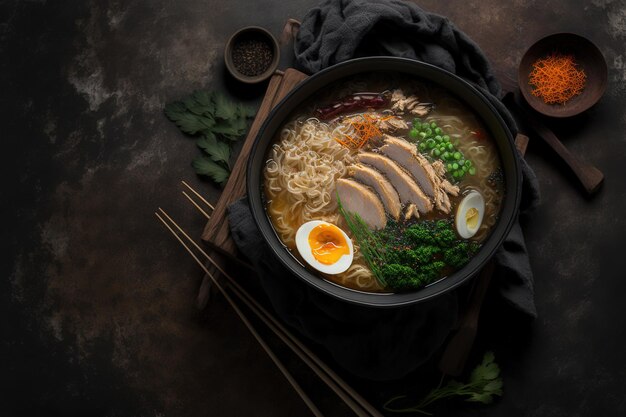 Soupe de nouilles ramen aux légumes et aux œufs de poulet asiatique Contexte