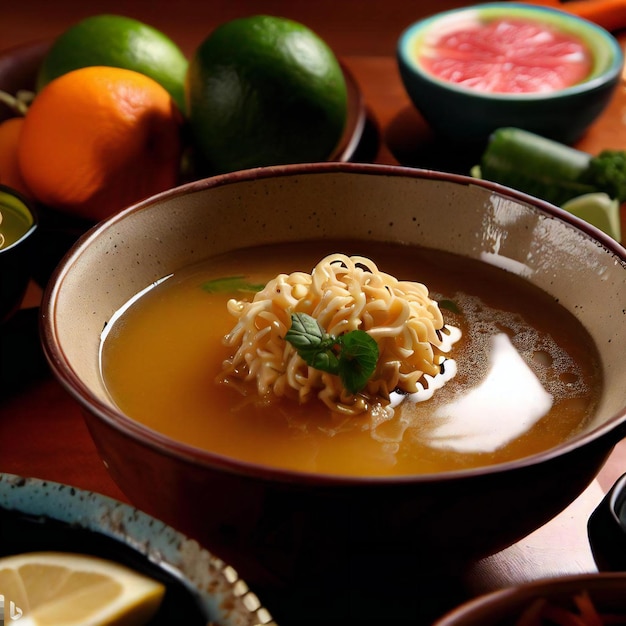 Soupe de nouilles Ramen sur une table avec différents types de fruits