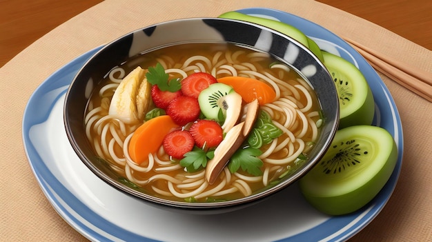 Soupe de nouilles Ramen sur une table avec différents types de fruits