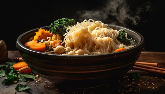 Une soupe de nouilles végétarienne saine avec des légumes frais et un bouillon fait maison généré par l'intelligence artificielle