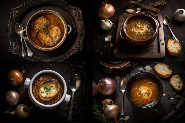 Soupe à l'oignon Collage de nourriture française Broth chaud avec fromage et baguette Soupe d'oignon traditionnelle de style rustique sur fond sombre Illustration générative d'IA abstraite