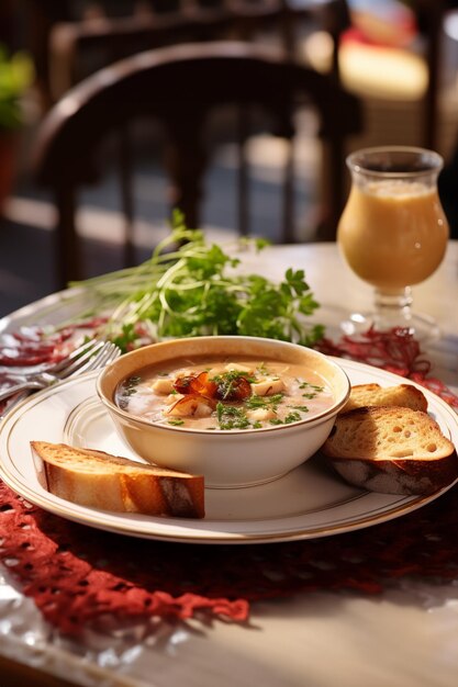 Soupe à l'oignon française avec des croutons sur la table du café de la rue