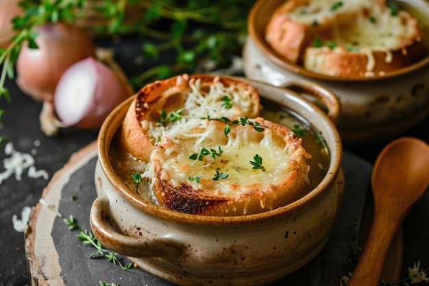 Photo soupe à l'oignon gratinée un délice salé dans un bol blanc