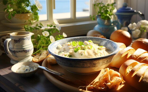 Photo soupe de palourdes crémeuse faite maison, remplie de pallours, de pommes de terre, de soupe d'herbes aromatiques.