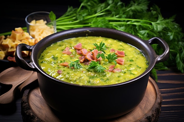 Soupe de pois partagée Soupe traditionnelle et salée avec jambon et légumes