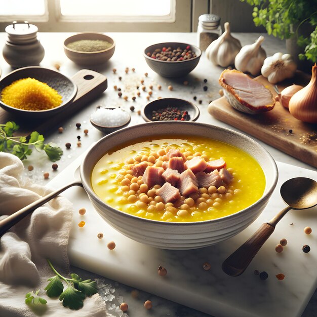 Soupe de pois traditionnelle danoise avec du porc sur un comptoir en marbre