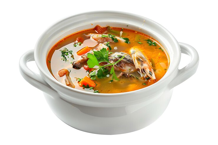 Photo soupe de poisson dans un bol de céramique blanc
