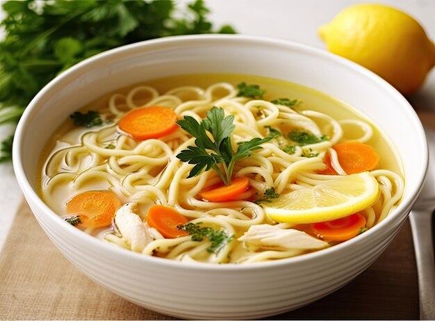 Soupe de poulet faite maison avec des nouilles et des légumes dans un bol blanc fond blanc confort chaud et sain