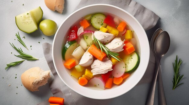 Soupe de poulet avec des légumes dans un bol blanc