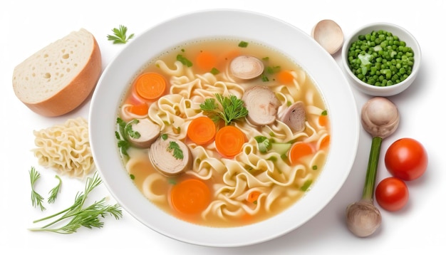 Soupe de poulet avec des nouilles et des légumes isolée sur fond blanc