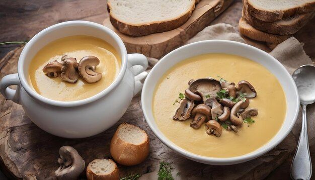 Photo soupe en purée avec des champignons et du fromage sur un fond en béton