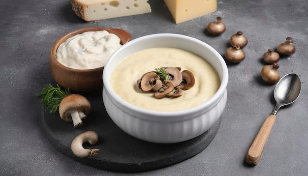 Soupe en purée avec des champignons et du fromage sur un fond en béton