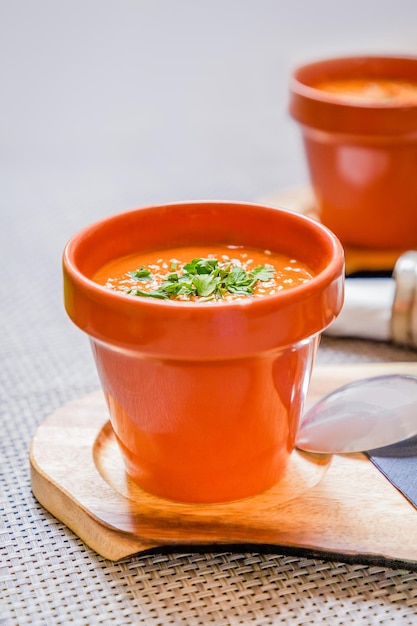 Soupe de purée de tomates au persil dans un petit seau