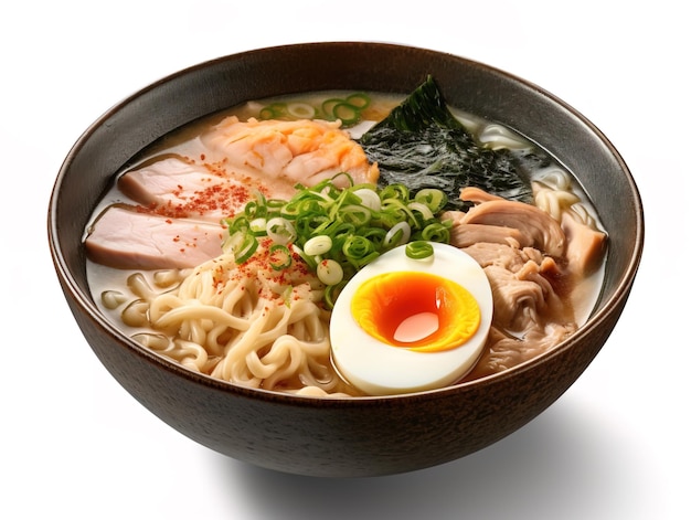 Soupe ramen aux nouilles poireau nori champignon shiitake œuf mou et poulet chashu isolé sur fond blanc avec un tracé de détourage