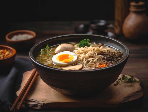 Soupe ramen aux nouilles poireaux champignons shiitake nori oeuf mou et porc chashu sur fond sombre